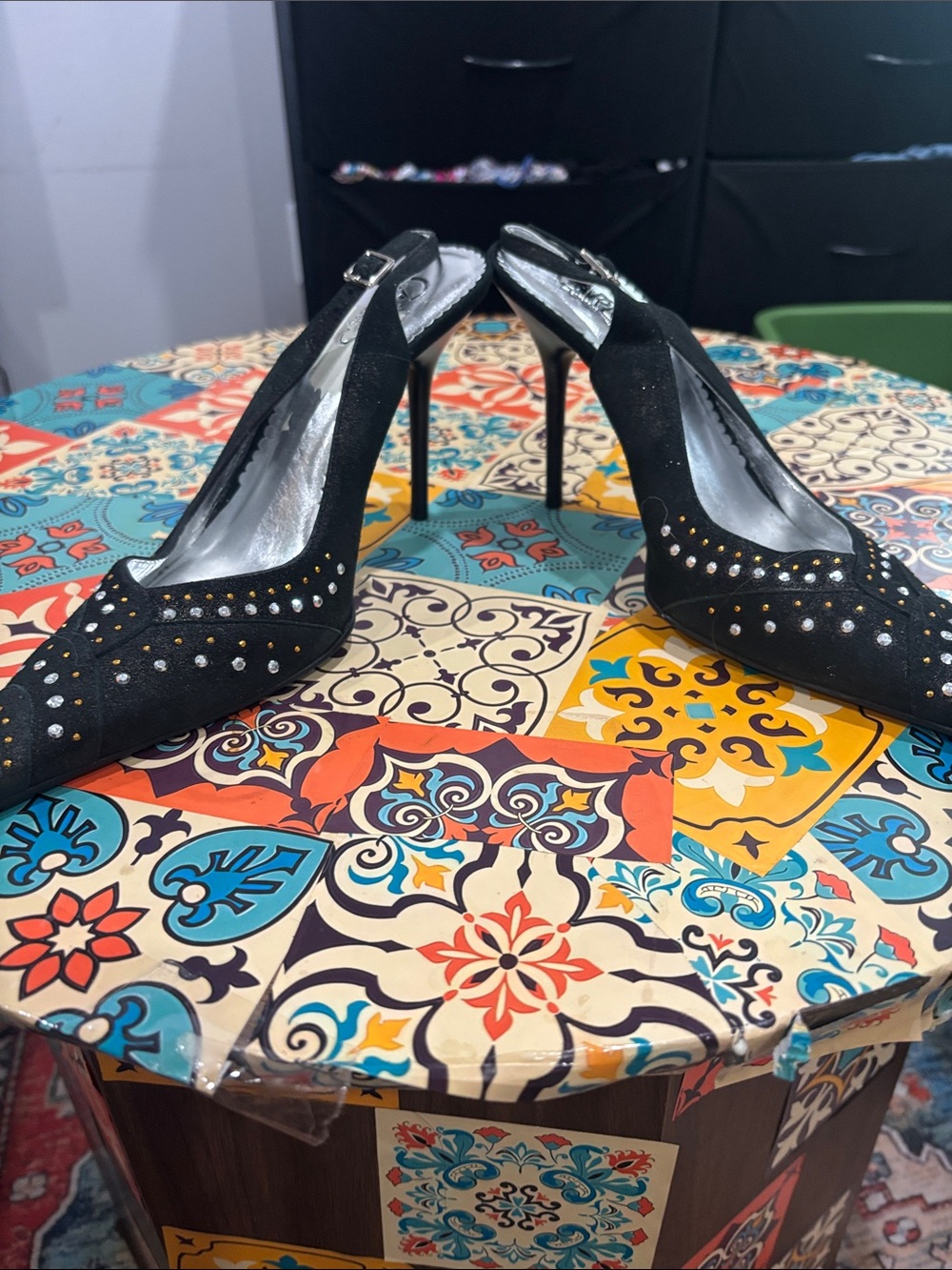 Carlos Santana Black Studded Slingback Pointed-Toe Heels